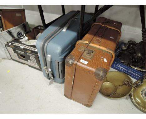 A wooden ribbed travel trunk