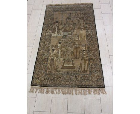 An antique pictorial Tabriz Rug on neutral ground depicting a Court Scene with Shah seated upon rug surrounded by Warriors, t