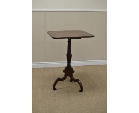 A Georgian mahogany Pillar Table with square top on turned column and inverted scroll tripod base, 21in