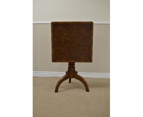 A 19th Century oak square Pillar Table with cross-banded and pollard oak segment veneered top on turned column and tripod bas