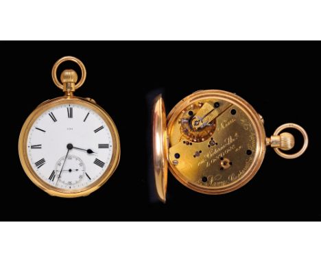 An 18ct gold cased open faced Pocket Watch, the white enamel dial with roman numerals and subsidiary dial marked 4581, moveme