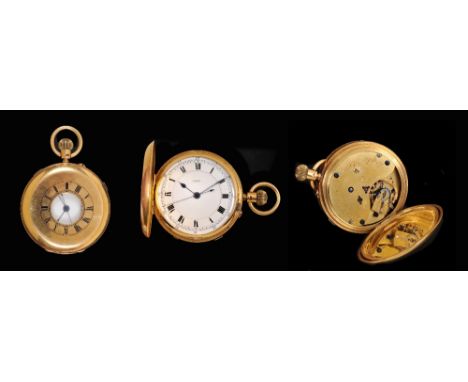 An 18ct gold half hunter Pocket Watch, Chester 1907, outer case with blue enamelled roman numerals enclosing white enamel dia