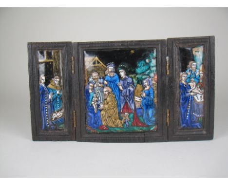 A Limoges style small enamel Triptych depicting Mary and Joseph with infant Jesus, etc, centre panel 5 x 4 1/2in, in stained 