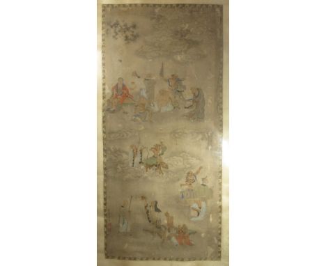 A Chinese watercolour scroll painting, Qing Dynasty, depicting the Eighteen Luohan, six character inscription with two red se