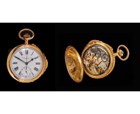 An 18k gold cased Pocket Watch with white enamel dial inscribed Favre Leuba &amp; Co, Bombay, subsidiary seconds dial, stop w