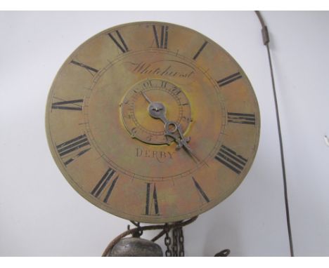 An 18th Century Wall Clock with circular brass dial inscribed Whitehurst, DERBY, smaller centre dial, double weight driven mo