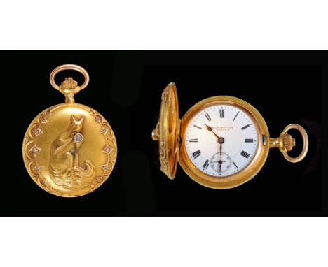 A Lady's Hunter Pocket Watch, the case embossed fox set diamonds, stamped 18K, the white enamel dial with roman numerals and 