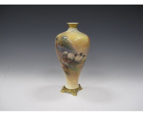 A Royal Worcester inverted baluster Vase decorated by Harry Davis painted sheep in a landscape, gilt to rim and moulded base 