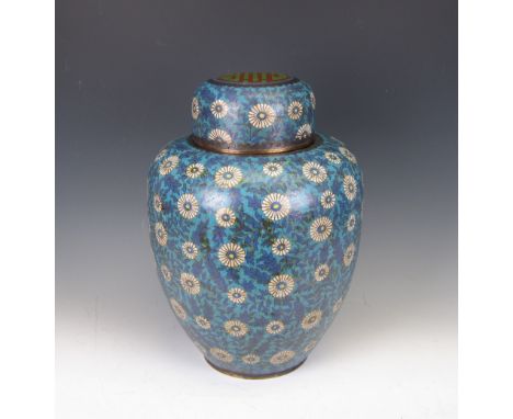 A Chinese cloisonné enamel Jar and Cover, c.1900, decorated all over with flowering chrysanthemum, domed cover with Shou char