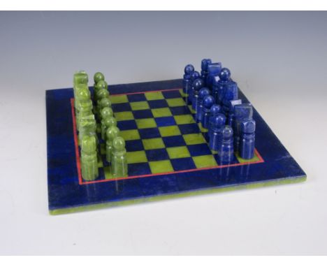 A Lapis lazuli and Jade Chess Set and Board, 11 1/2in x 11 1/2in