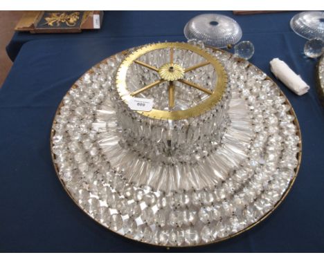 A pair of six light Hanging Chandeliers with circular mirror united by frieze of baguette and prism drops, 2ft diam