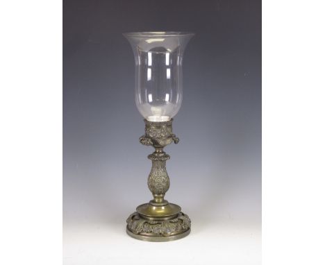 A Regency bronze Storm Lantern, the base cast with scrolled and leafage design, 16in H