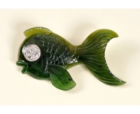 A carved Jade Fish Brooch pavé-set cluster of old-cut diamonds to eye