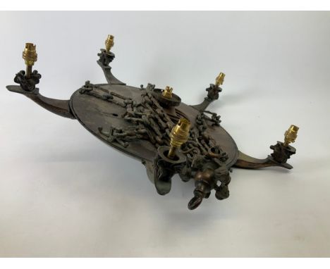 Heavy Copper Art Deco Electric Ceiling Mounted Light Fitting - Five Lamps Support in Flame Bulb Holders and One Central Holde