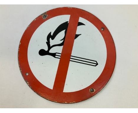 Original Garage Fore Court Pictorial Enamel Sign for No Naked Flames - c1950’s - 305mm Diameter 