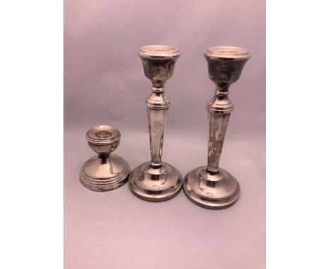 Pair of Silver Candlesticks and a Dwarf Candlestick 