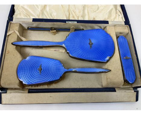 Cased Silver Guilloche Enamel Dressing Table Set with RAF Mounts 