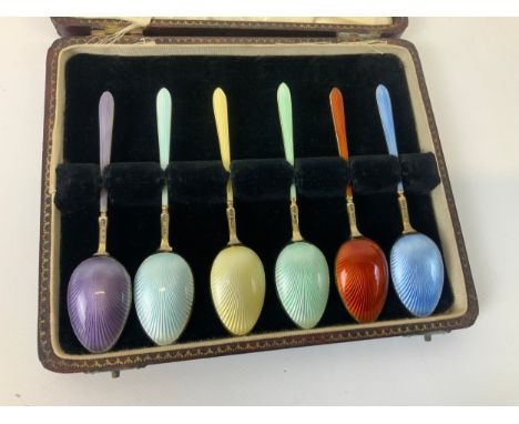 Silver Gilt and Guilloche Enamel Cased Set of Coffee Spoons - Birmingham 1956 