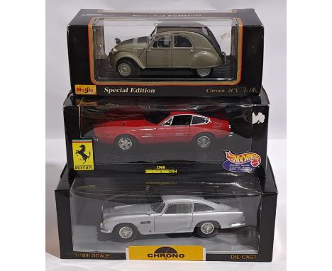 Maisto, Mattel Hotwheels &amp; Chrono&nbsp;1:18 scale, a boxed group of Cars.&nbsp; Consisting of Citroen 2CV, Ferrari 365 GT