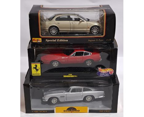 Maisto, Mattel Hotwheels &amp; Chrono&nbsp;1:18 scale, a boxed group of Cars.&nbsp; Consisting of Jaguar S-Type, Ferrari 365 