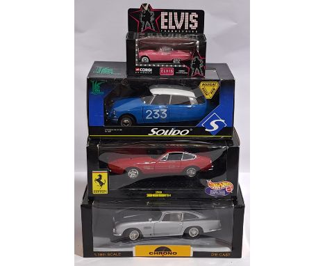 Corgi, Solido, Mattel Hotwheels, &amp; Chrono&nbsp;1:18 scale &amp; similar, a boxed group of Cars.&nbsp; Including Elvis Thu