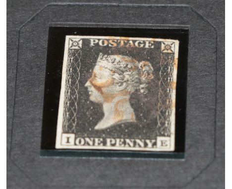 The Penny Black 1840. 1d lettered IE very fine 4 margin with light MX. An ex Stanley Gibbons investment item in presentation 