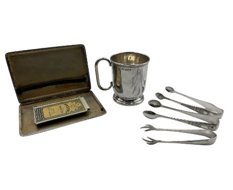 Silver engine turned cigarette case Birmingham 1934, christening mug with loop handle H7cm Birmingham 1903, two pairs of suga