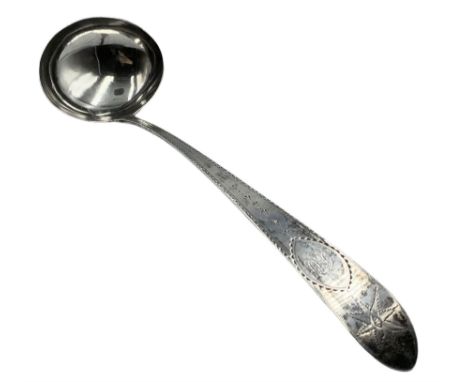George III Irish silver soup ladle with bright cut stem and engraved with initials L33cm Dublin 1804 Maker John Power Conditi