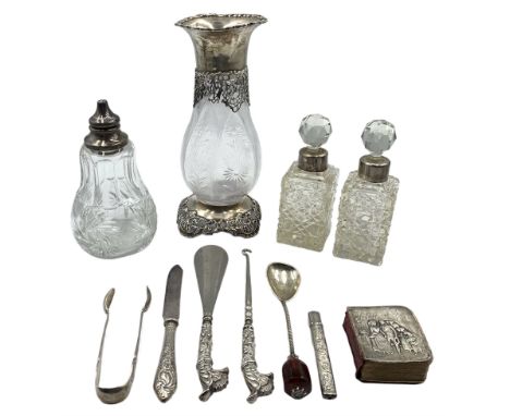 Edwardian engraved glass baluster vase with silver collar and foot with pierced and embossed decoration H19cm London 1905 Mak