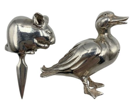 Novelty silver model of a Duck by Sarah Jones, London 1992 H4.5cm together with a silver cheese peg or pick in the form of a 