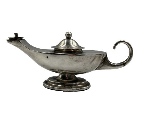 George V silver table lighter in the form of an oil lamp by Henry Matthews, Birmingham 1919, L11.5cm 