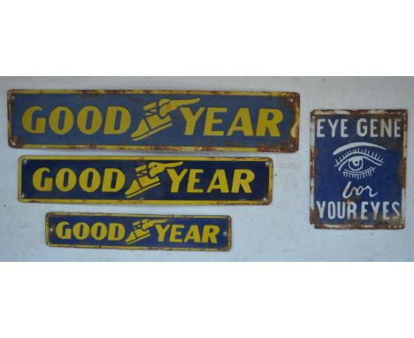 Three plate steel enamel Goodyear advertising signs, and another for Eye Gene For Your Eyes 31.8cm x 6.4cm max (4)