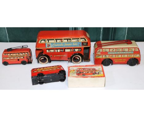3 Wells Brimtoy tin buses and 1 other (4) 