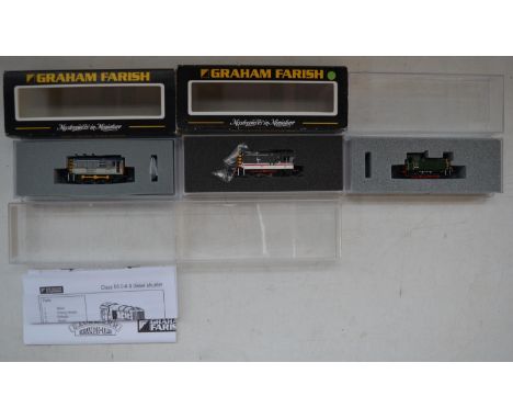Three Graham Farish (By Bachmann) N gauge diesel shunter electric train models to include 371-017 Class 08 08653 Railfreight 