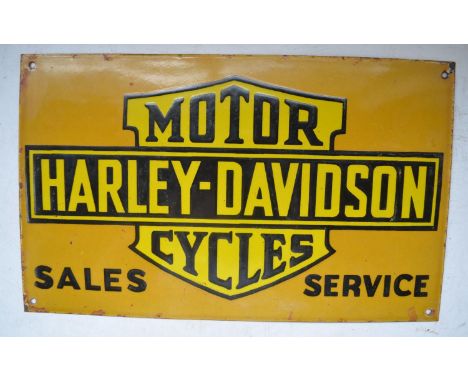 Plate steel enamel advertising sign for Harley Davidson Cycles Sales Service. 45.7cm x 28cm