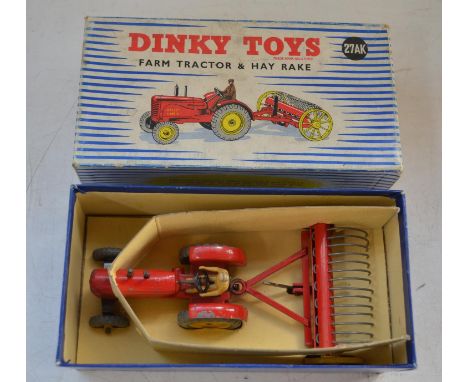 Collection of vintage Dinky diecast model vehicles and trailers to include boxed 27AK Farm Tractor And Hay Rake, 27C Massey H