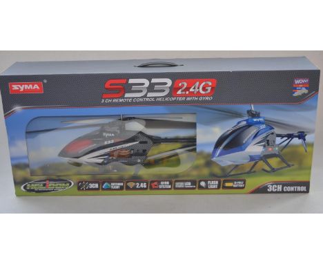 Large outdoor Syma S33 3 channel remote controlled helicopter model with charger and hand held transmitter. Tested and appear