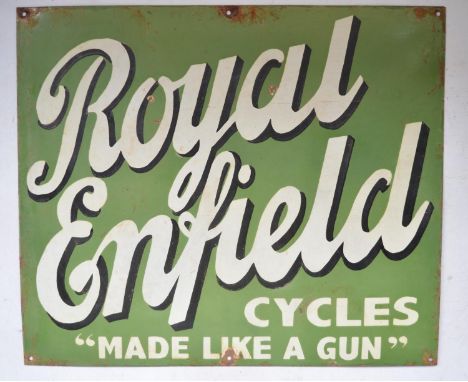 Enamel advertising sign for Royal Enfield Cycles "Made Like A Gun". 59.7cm x 50.8cm
