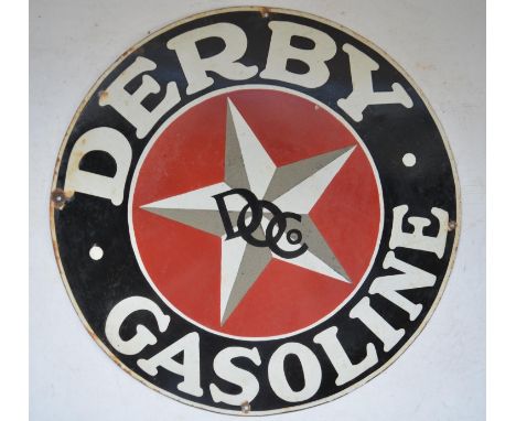 Circular plate steel enamel advertising sign for Derby Gasoline. D55.5cm