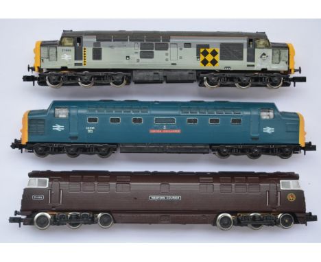 Three boxed Graham Farish N gauge diesel electric train models to include original Farish 8036 Class 37 Rail Freight Coal Sec
