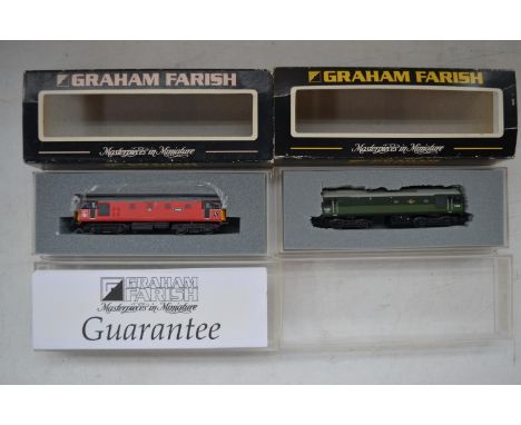 Two boxed N gauge diesel electric train models by Graham Farish (By Bachmann) to include 371-079 Class 25/3 D7638 in BR Green