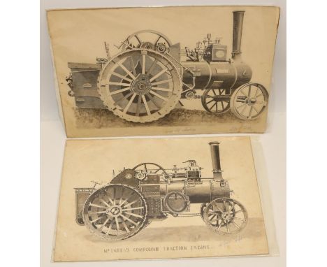 Two pencil drawings of a McLarens Compound Traction Engine and Aveling, signed by Alfred Hope 