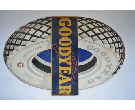 Plate steel enamel advertising sign for Goodyear All Weather (tyres), 86.3cm x 55.5cm