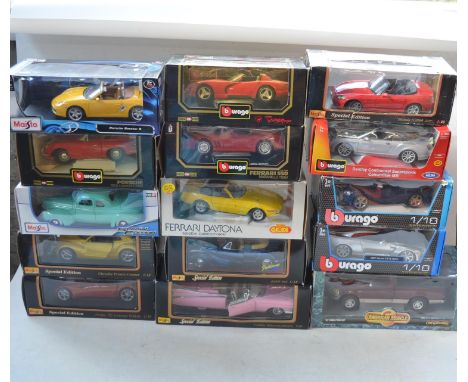 15x 1/18 scale diecast model vehicles, various manufactureres to include Maisto, Burago, Techno Giodi and Ertl. Models are bo