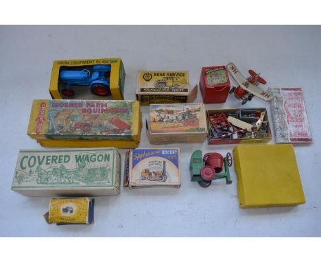 Collection of vintage models and toys to include boxed  Crescent Toys Dexta Tractor, charming tinplate clockwork tipping aero