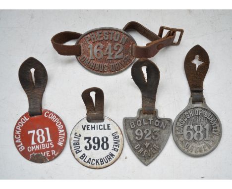 Five vintage omnibus drivers badges incl. enamel Blackpool Corporation and Blackburn and relief cast Bolton, Burnley and Pres