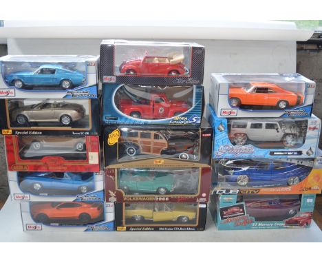 14x 1/18 scale diecast model vehicles, various manufacturers to include Maisto, Mira/Soildo, Ertl etc. Models are boxed but n