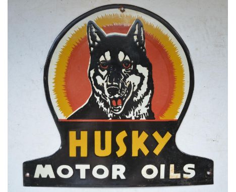 Plate steel enamel advertising sign for Husky Motor Oils, 43.2cm x 40.8cm