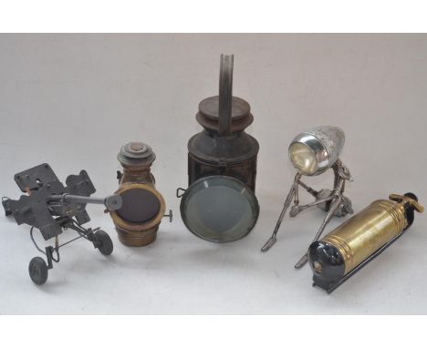 Vintage paraffin fuelled rear vehicle light with red glass (H 17cm), a railwayman's signal lamp (no internals), a repurposed 