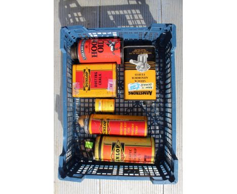 Four Dunlop tins, Carr &amp; Day &amp; Martin Hoof oil tin, and a full Armstrong Shock Absorber oil tin (6) 